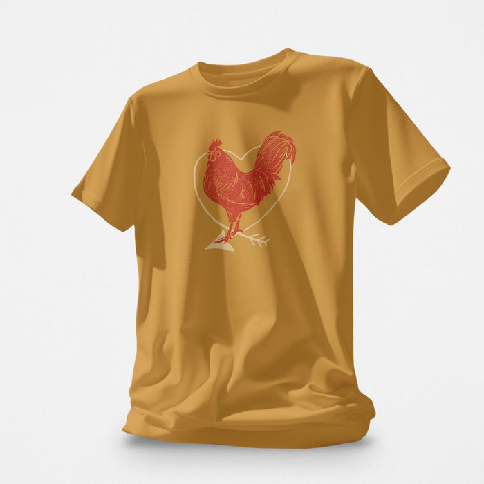 PRODUCT IMAGE: I Love Cock | SFW Raunchy T-shirt for Horny Gay Guys who Love Cock | Mustard shirt with rooster and heart graphic 