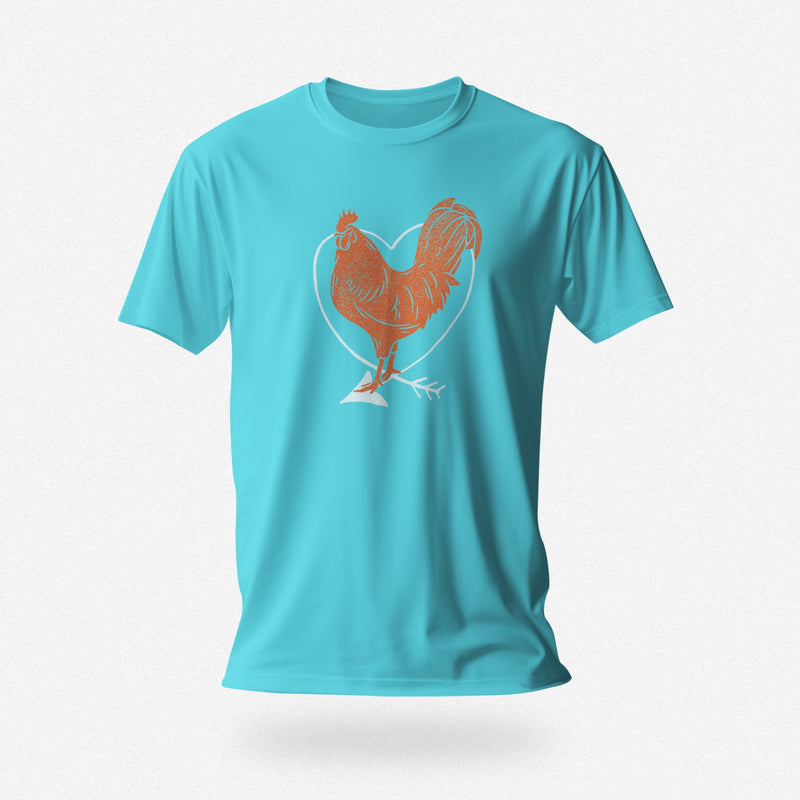 PRODUCT IMAGE: I Love Cock | SFW Raunchy T-shirt for Horny Gay Guys who Love Cock | Turquoise shirt with rooster and heart graphic 