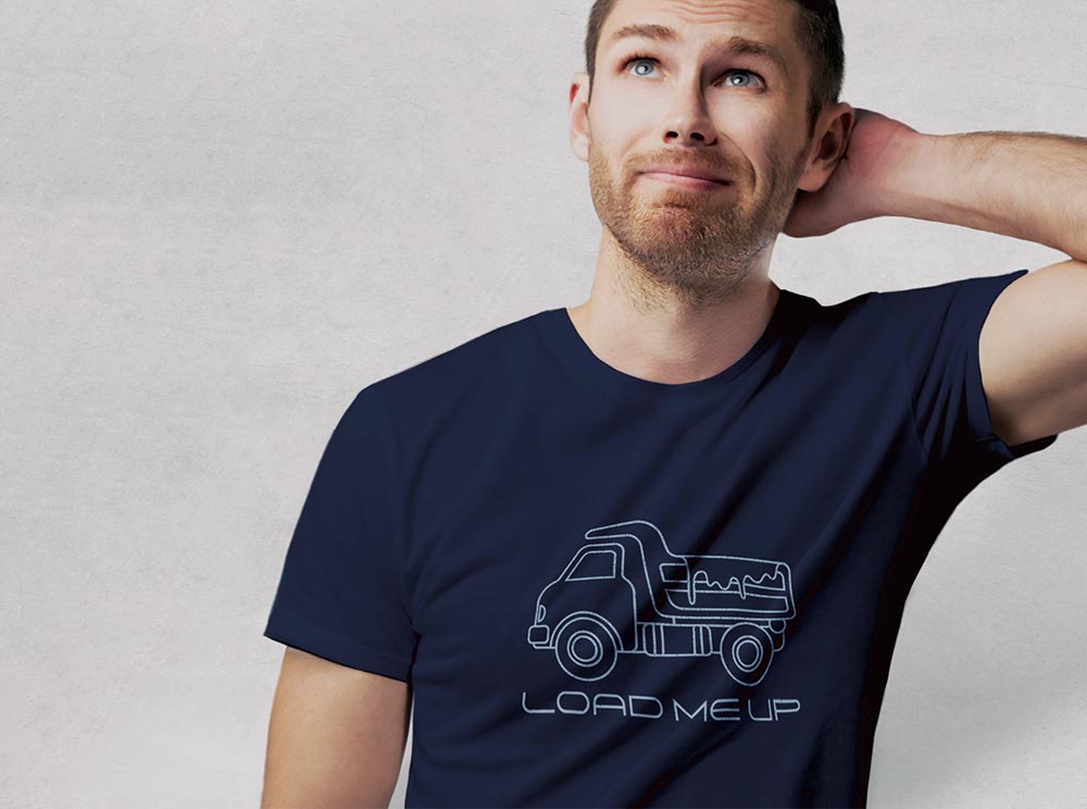 IMAGE PANEL linking to Load Me Up T-shirt | Raunchy Tees for Horny Gay Guys that Always Need Cum | Model wears Navy Shirt