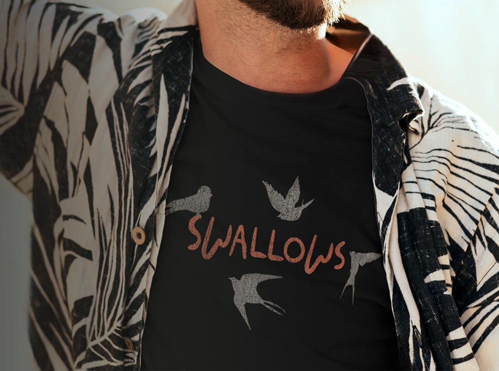 IMAGE PANEL linking to Swallows T-shirt | Funny, Raunchy Tees for Horny Gay Guys into Cum | Model wears Black shirt