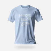 PRODUCT IMAGE: He Likes It Nice & Slow T-shirt | Funny Gay Tee for the guys who take their time and enjoy the ride | Light Blue shirt with a design borne out of retro-inspired typography