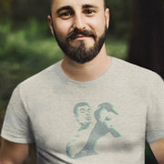 Male model wears Light Gray Nosh T-shirt featuring an abstract homoerotic graphic illustration of a blowjob