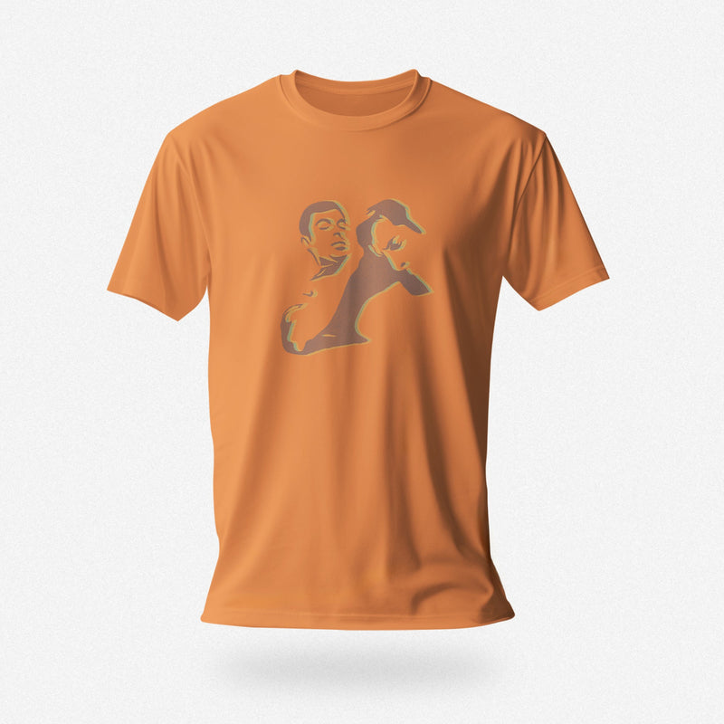 Orange Nosh T-shirt featuring close-up, detailed views of an abstract homoerotic graphic illustration.