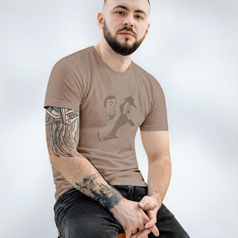 Male model wears a Pebble "Nosh" T-shirt featuring an abstract homoerotic graphic illustration of a blowjob