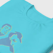 Turquoise Nosh T-shirt featuring close-up, detailed view of an abstract homoerotic graphic illustration.