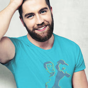 Male model wears turquoise Nosh T-shirt featuring an abstract homoerotic graphic illustration of a blowjob