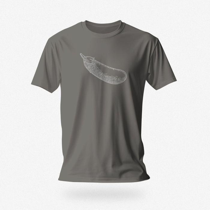 PRODUCT IMAGE: Certified Organic T-shirt | Raunchy Penis T-shirts for Horny Gay Men Charcoal shirt with a woodcut-style rendering of the eggplant emoji