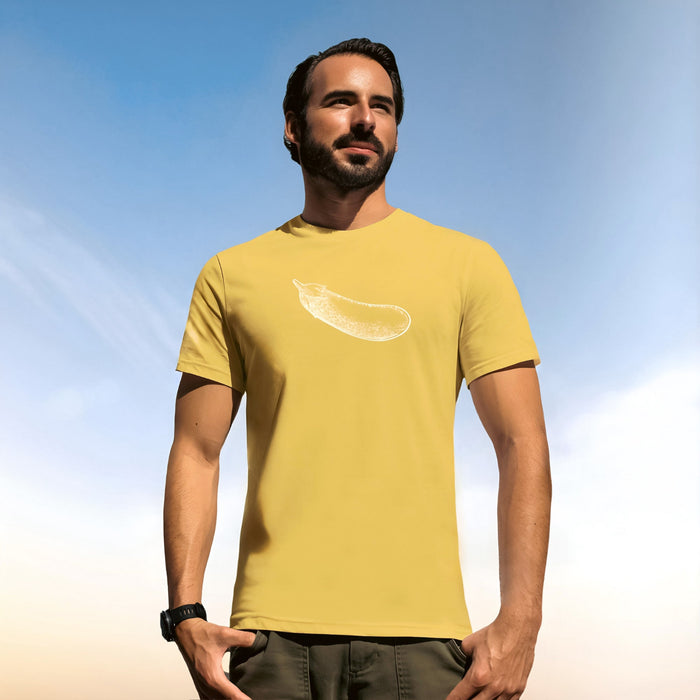 PRODUCT IMAGE: Certified Organic T-shirt | Raunchy Penis T-shirts for Horny Gay Men | Model wears Yellow shirt with a woodcut-style rendering of the eggplant emoji