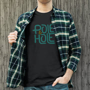 PRODUCT IMAGE: Pole & Hole | SFW, Raunchy Tee for Horny Gay Guys | Model wears Black tee with the shop's typographic trademark 