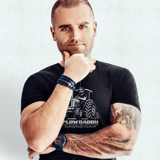 PRODUCT IMAGE: Plow Daddy T-shirt | Raunchy Gay Farmer Tee for Horny Men Who Love Heavy Equipment | Model wears Black shirt