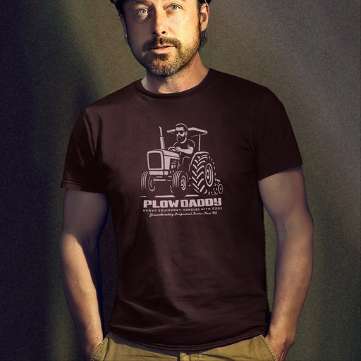 PRODUCT IMAGE: Plow Daddy T-shirt | Raunchy Gay Farmer Tee for Horny Men Who Love Heavy Equipment | Model wears Oxblood shirt