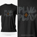 PRODUCT IMAGE: Plug + Play T-shirt | Funny, Dirty, Raunchy T-shirts for Horny Gay Guys who Play with Penis | A Diptych of the Black V3 shirt showing the G-rated and X-rated versions side-by-side | A typographic design uses the negative space of the letter a in the shape of a cock