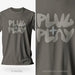 PRODUCT IMAGE: Plug + Play T-shirt | Funny, Dirty, Raunchy T-shirts for Horny Gay Guys who Play with Penis | A Diptych of the Charcoal gray shirt showing the G-rated and X-rated versions side-by-side | A typographic design uses the negative space of the letter a in the shape of a cock