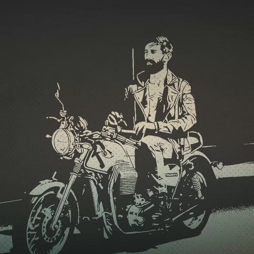 VIDEO for the graphic tee, “Ride It,” which leans fully into vintage biker culture — with a homo wink.