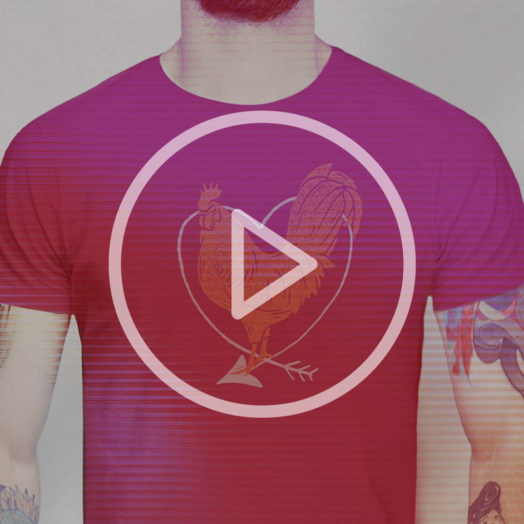 VIDEO THUMBNAIL | I Love Cock T-shirt | SFW Raunchy T-shirt for Horny Gay Guys who Love Cock | Model wears Maroon shirt with rooster and heart graphic 