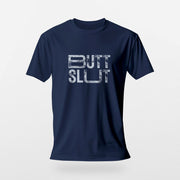 PRODUCT IMAGE: 'Raw Butt Slut' T-shirt | Raunchy Tees for Horny Gay Guys | Navy blue shirt with white distressed typography printed on chest