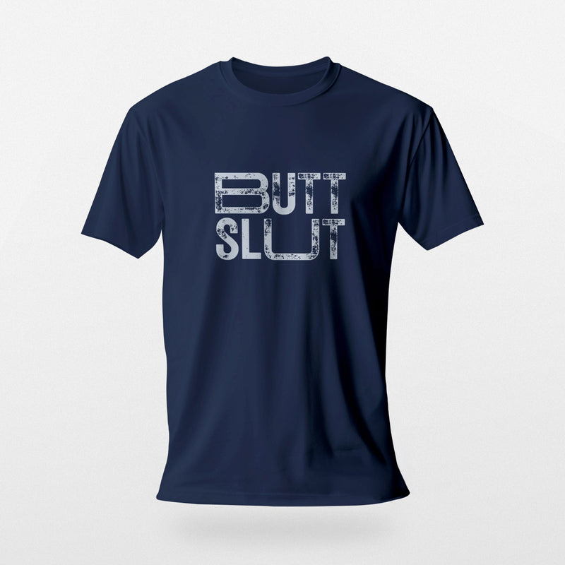 PRODUCT IMAGE: 'Raw Butt Slut' T-shirt | Raunchy Tees for Horny Gay Guys | Navy blue shirt with white distressed typography printed on chest