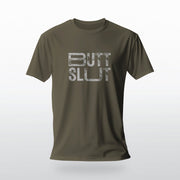 PRODUCT IMAGE: 'Raw Butt Slut' T-shirt | Raunchy Tees for Horny Gay Guys | Army shirt with white distressed typography printed on chest