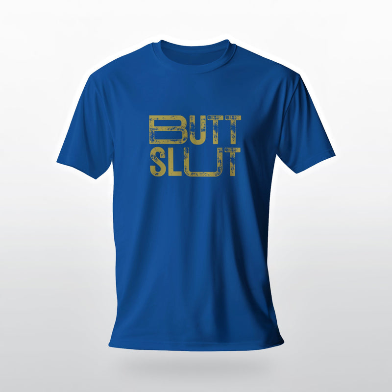 Raw Butt Slut | NSFW Tee for Horny Gay Bottom Guys who Bareback | Royal Blue tee with typographic design