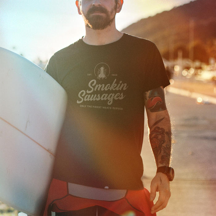 PRODUCT IMAGE: Smokin Sausages | Funny Gay Shirt | Model w/ Black shirt