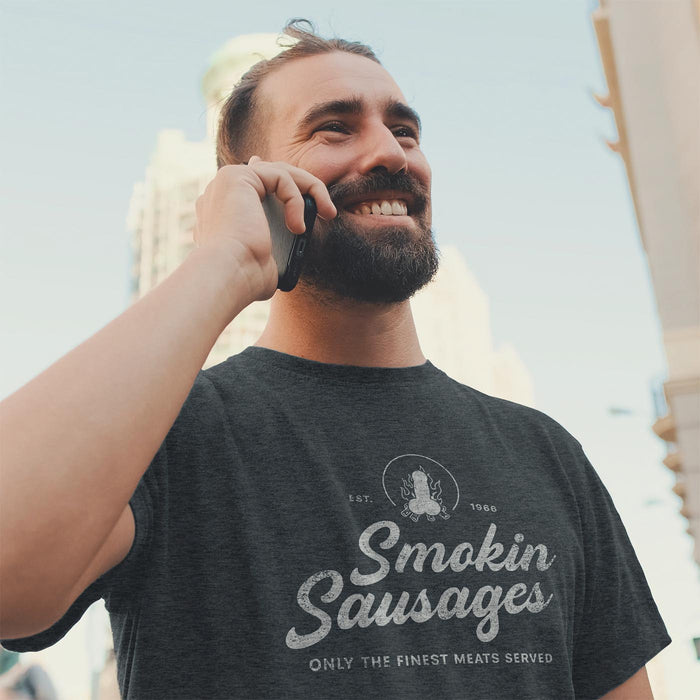 PRODUCT IMAGE: Smokin Sausages | Funny Gay Shirt | Model w/ Dark Gray Heather shirt