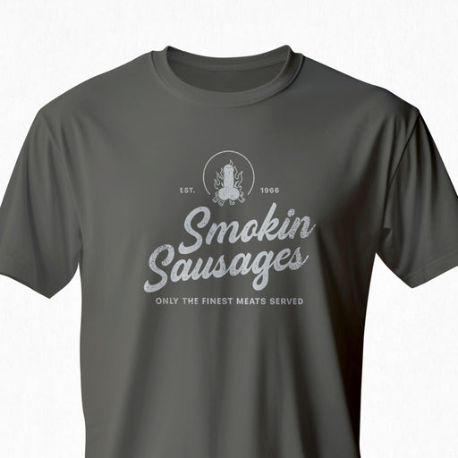 PRODUCT IMAGE: Smokin Sausages | Funny Raunchy T-shirt for Horny Gay Men | Typographic Design | Asphalt