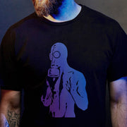 PRODUCT IMAGE: Gas Mask | Fetish T-shirt for Gay Guys into BDSM Kink | Model wears Black shirt w/ electro blue, halftone graphic