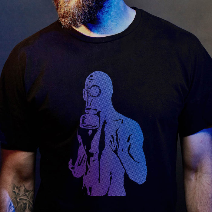 PRODUCT IMAGE: Gas Mask | Fetish T-shirt for Gay Guys into BDSM Kink | Model wears Black shirt w/ electro blue, halftone graphic