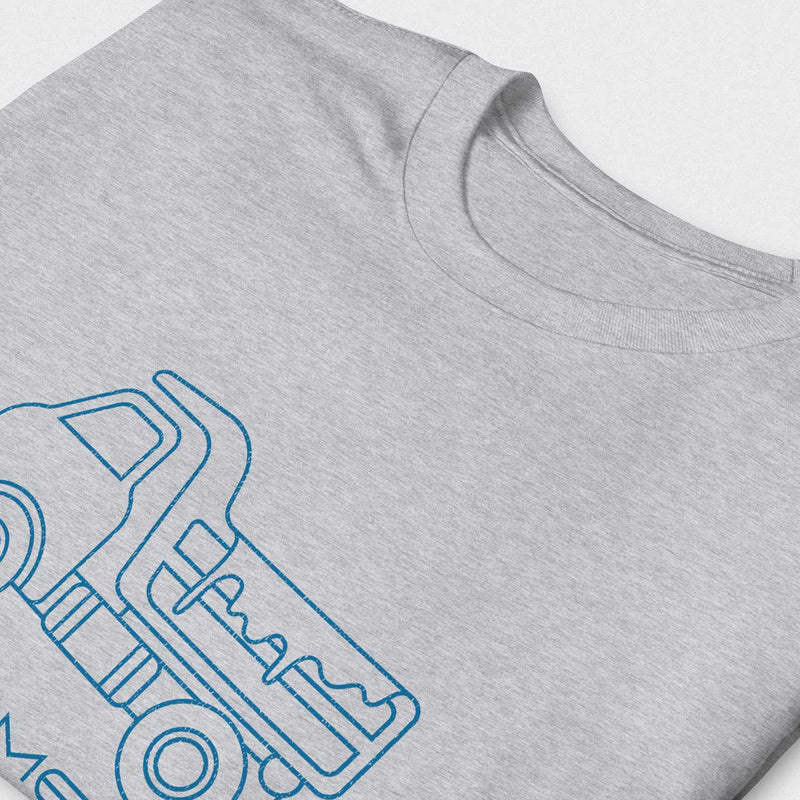 Load Me Up T-shirt | Raunchy T-shirt for Horny Gay Bottom Guys Who Crave Cum | Close up of Light Gray Heather shirt with white line drawing of a dump truck