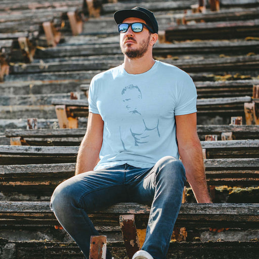 PRODUCT IMAGE: Muscle Daddy | Homo Erotic T-shirt | Masculine Tom of Finland Hottie | Graphic shadows of a classically handsome hot man | Model wears Ocean shirt