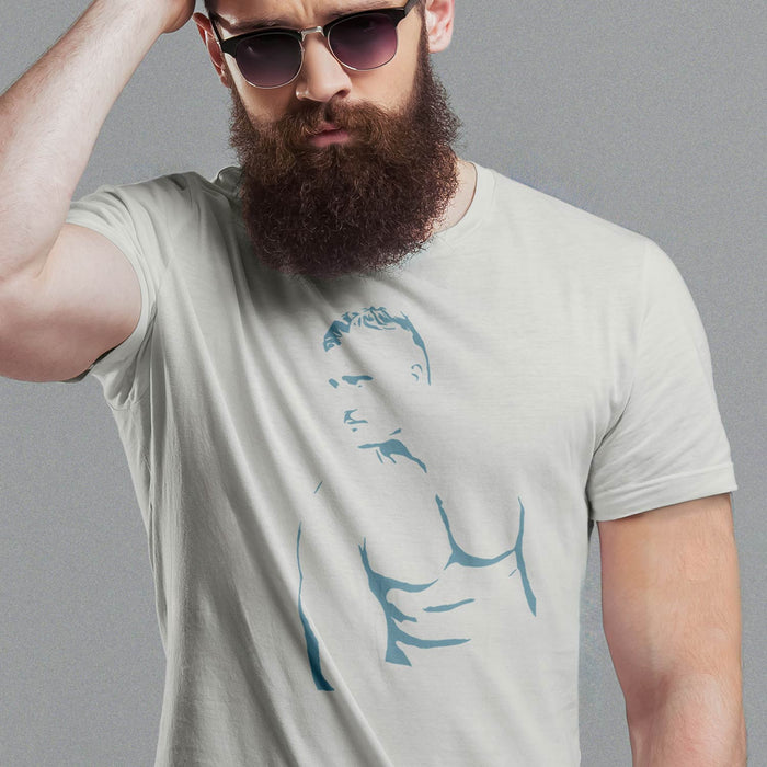 PRODUCT IMAGE: Muscle Daddy | Homo Erotic T-shirt | Masculine Tom of Finland Hottie | Graphic shadows of a classically handsome hot man | Model wears Silver shirt