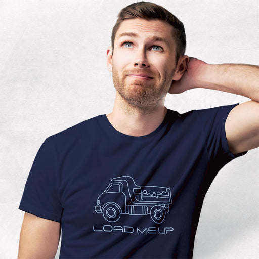 Load Me Up T-shirt | Raunchy T-shirt for Horny Gay Bottom Guys Who Crave Cum | Model wears Navy shirt with white line drawing of a dump truck