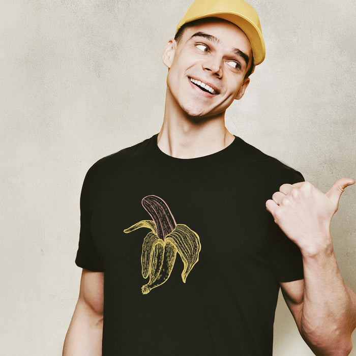 PRODUCT IMAGE: Fruit ( phallic banana graphic) | Raunchy T-shirt for Horny Gay Men | Model w/ Black shirt