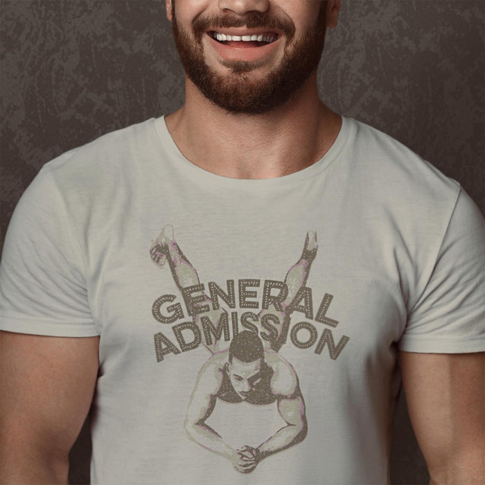 PRODUCT IMAGE: General Admission | NSFW Homo Erotic T-shirt for Horny Gay Bottom Guys | Model w/ Silver shirt