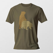 PRODUCT IMAGE: Bear Back | Raunchy T-shirt for Gay Bears, Cubs, Otters who Bareback | Pattern-shaped bears humping on Army brown shirt