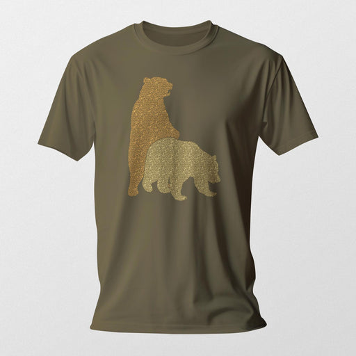 PRODUCT IMAGE: Bear Back | Raunchy T-shirt for Gay Bears, Cubs, Otters who Bareback | Pattern-shaped bears humping on Army brown shirt