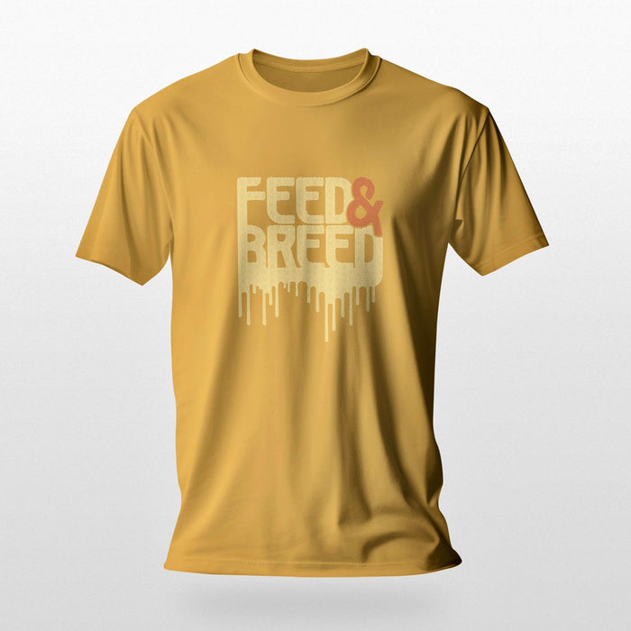 PRODUCT IMAGE: Feed & Breed T-shirt | Raunchy Tees for Horny Gay Guys | Mustard shirt with typographic design