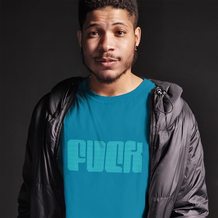 PRODUCT IMAGE: Fuck | Offensive NSFW T-shirt for Horny Gay Guys | Typographic Design | Model w/ Aqua Shirt