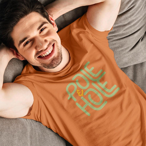 PRODUCT IMAGE: Pole & Hole | SFW, Raunchy Tee for Horny Gay Guys | Model wears Orange tee with the shop's typographic trademark 