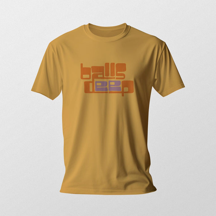 PRODUCT IMAGE: Balls Deep | Raunchy Tee for Horny Gay Guys who Like it Deeper | Typographic design on Mustard shirt