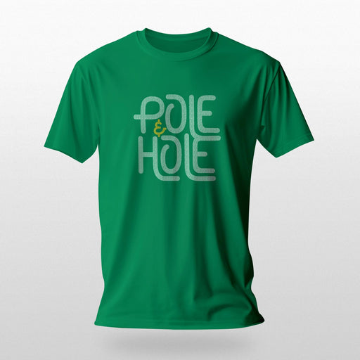 PRODUCT IMAGE: Pole & Hole | SFW, Raunchy Tee for Horny Gay Guys |  Keely Green tee with the shop's typographic trademark 