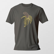 PRODUCT IMAGE: Fresh Fruit T-Shirt | Raunchy Tee for Horny Gay Men & Size Queens | Model wears Asphalt shirt with a woodcut-style graphic of a colorful banana suggestive of a penis