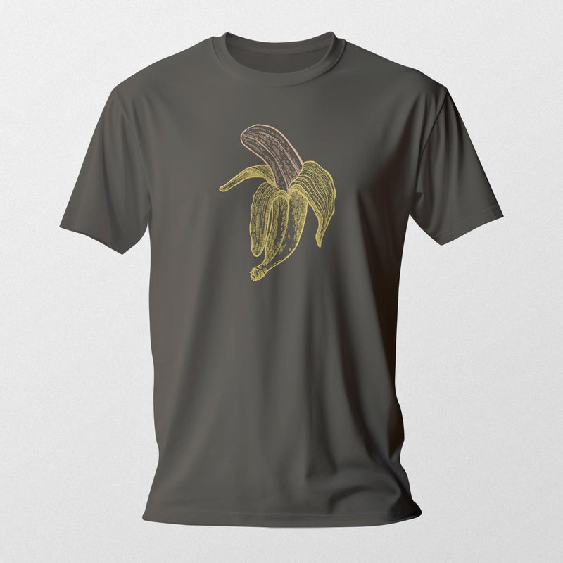 PRODUCT IMAGE: Fresh Fruit T-Shirt | Raunchy Tee for Horny Gay Men & Size Queens | Model wears Asphalt shirt with a woodcut-style graphic of a colorful banana suggestive of a penis