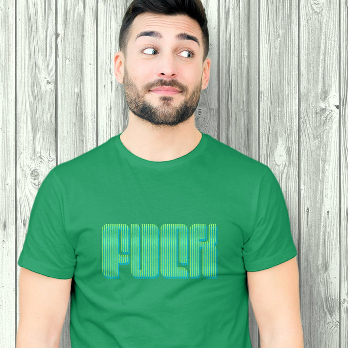 PRODUCT IMAGE: Fuck | Offensive NSFW T-shirt for Horny Gay Guys | Typographic Design | Model w/ Kelly Green Shirt