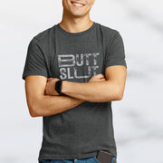 Raw Butt Slut | NSFW Tee for Horny Gay Bottom Guys who Bareback | Model wears Dark Gray Heather tee with typographic design