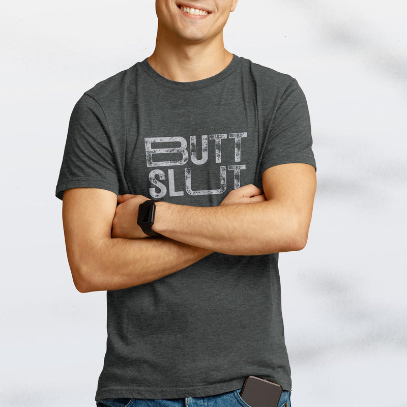 Raw Butt Slut | NSFW Tee for Horny Gay Bottom Guys who Bareback | Model wears Dark Gray Heather tee with typographic design