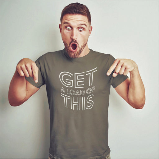 PRODUCT IMAGE: Model wears army tee typographic design on Black shirt, "Get a Load of This" | Raunchy Tee | Horny Gay Top Guys Ready to Unload