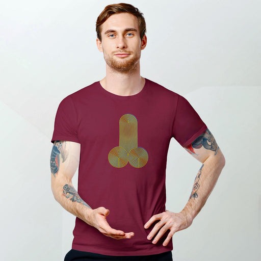 PRODUCT IMAGE: Cock & Balls | NSFW Homo Erotic T-shirt | Abstract Geometric Design | Model wears Maroon shirt