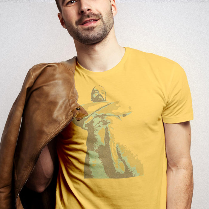 PRODUCT IMAGE: Mr. Big | NSFW Homo Erotic T-shirt of Bearded Dom Top Daddy | Model w/ Yellow shirt