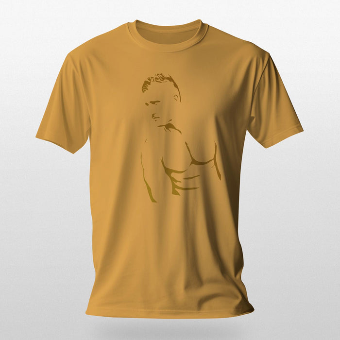 PRODUCT IMAGE: Muscle Daddy | Homo Erotic T-shirt | Masculine Tom of Finland Hottie | Graphic shadows of a classically handsome hot man on Mustard shirt